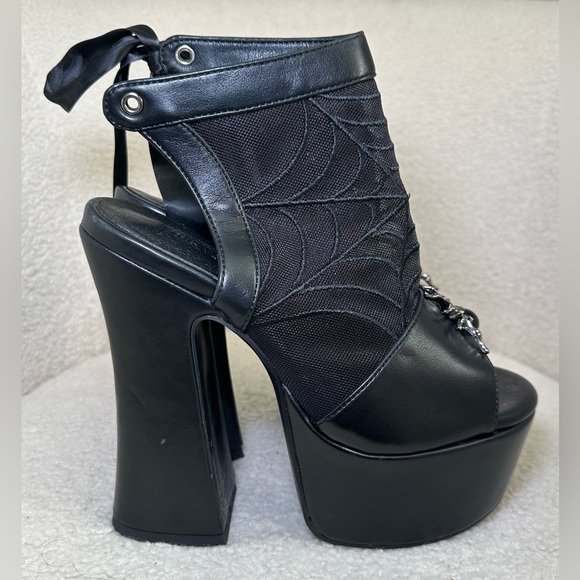Dolls Kill Trickz N’ Treatz Weave The Night black platform heels spider web 7 - Picture 3 of 12